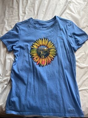 Life Is Good Blue Tee with Vibrant Sunflower Graphic